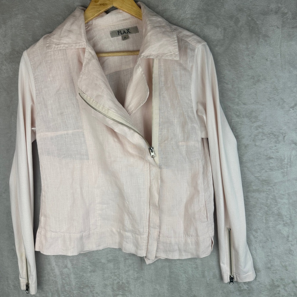 FLAX Linen Moto Jacket Pink Asymmetrical Zip Petite P Lagenlook Collared - Picture 3 of 11